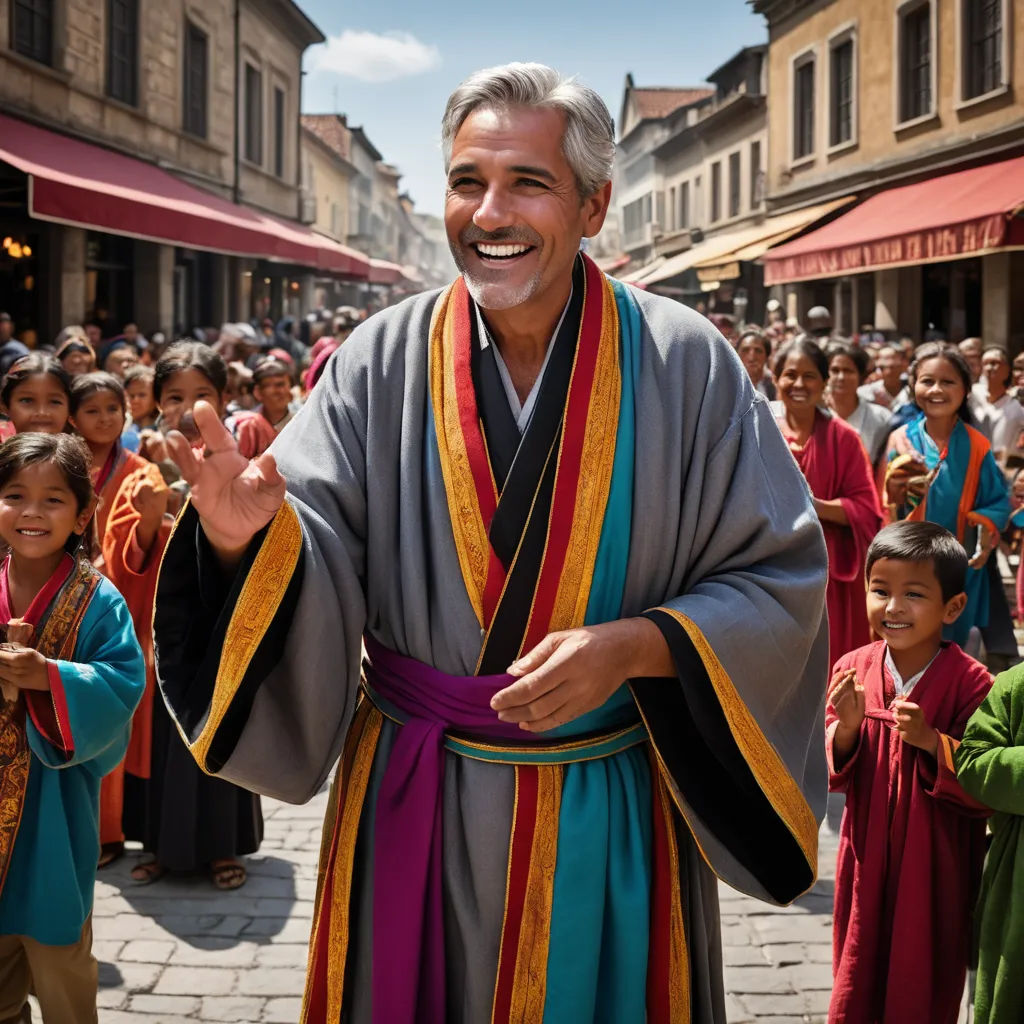 a man in a robe and a smile on his face in front of a crowd of people in a town, excessivism, a renaissance painting, Edward George Handel Lucas, orientalism