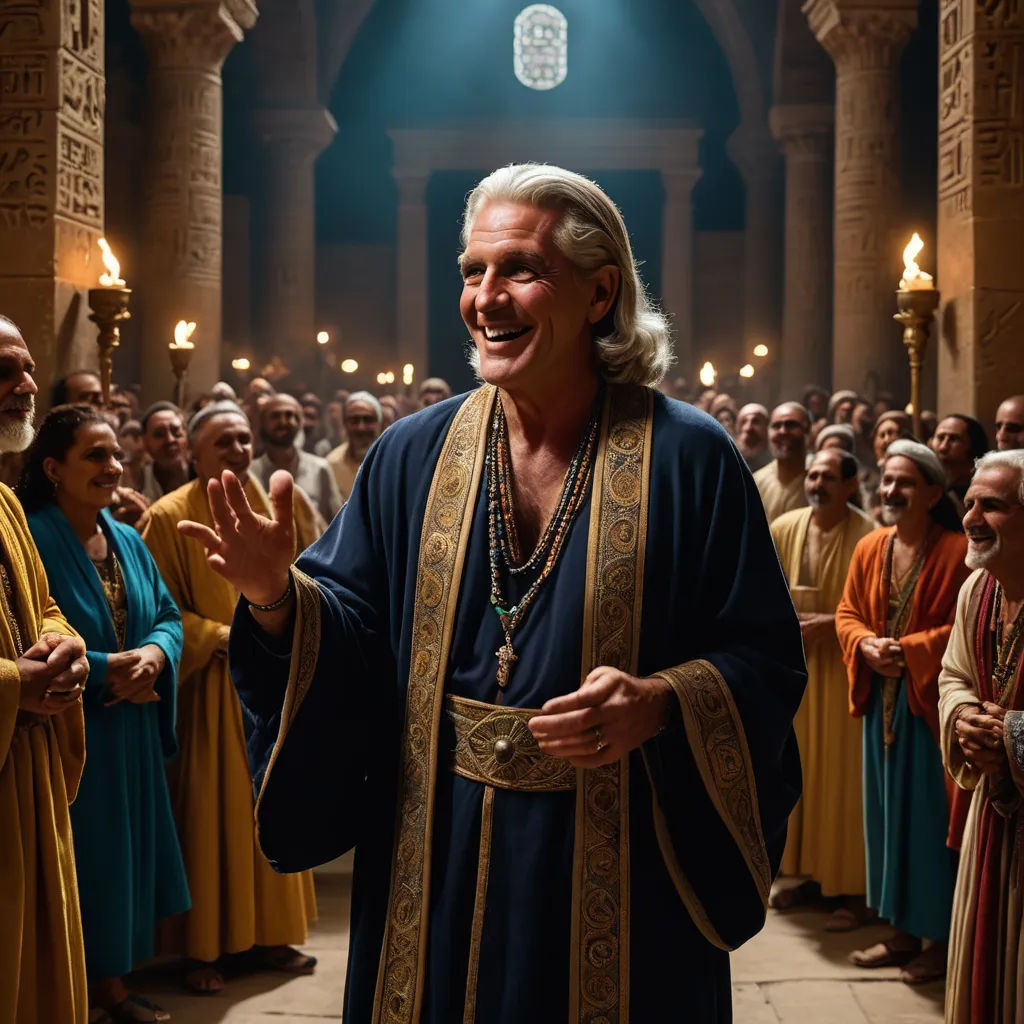 a man in a blue robe standing in front of a crowd of people in yellow and blue robes and holding a lit candle, letterism, a character portrait, Eric de Kolb, promotional image