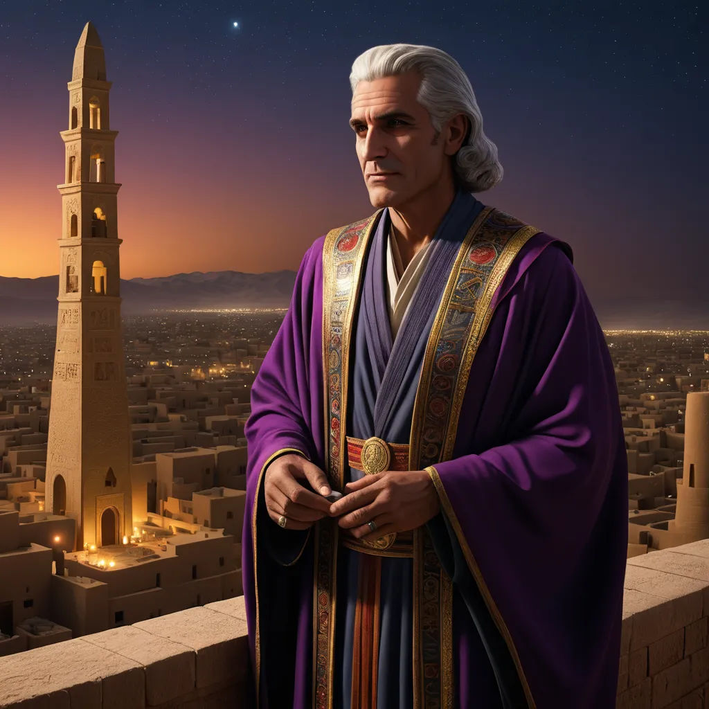 a man in a purple robe standing on a ledge with a city in the background at night time with a bright light, fantasy art, a detailed matte painting, Barclay Shaw, radiant light