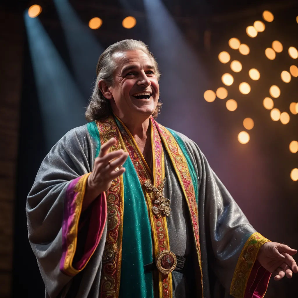 a man in a robe and a microphone on stage with lights behind him and a microphone in the background, renaissance, a flemish Baroque, David Annand, rembrandt lighting