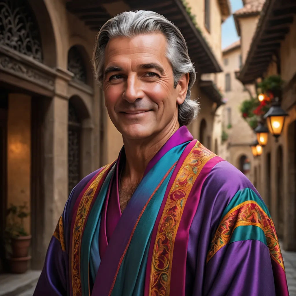 a man in a purple robe standing in a narrow alleyway with a lamp on the side of the street, cloisonnism, a character portrait, Darrell Riche, david lazar