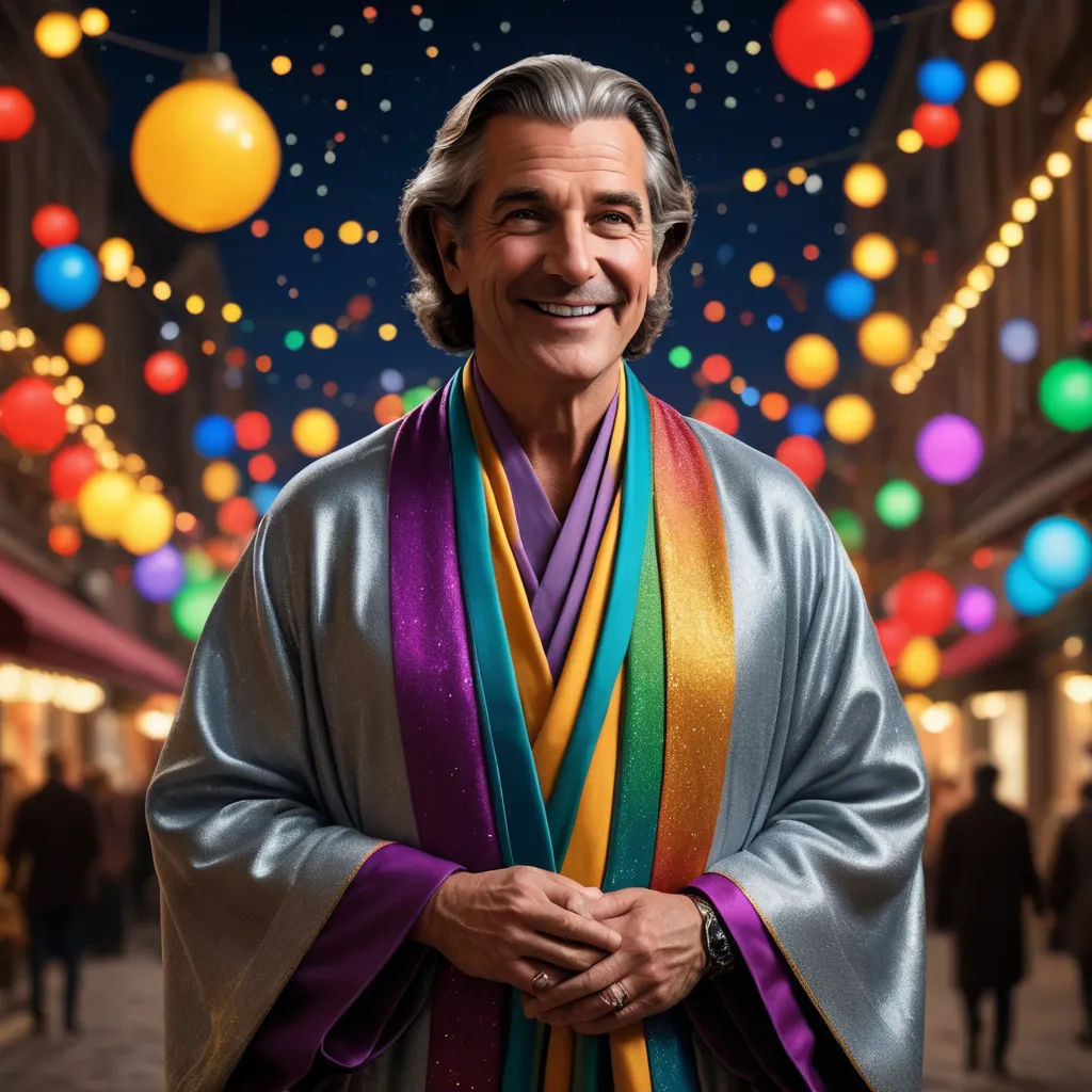 a man in a robe and a multicolored scarf standing in a crowded street with lights hanging from the ceiling, cloisonnism, a tilt shift photo, Don Arday, promotional image