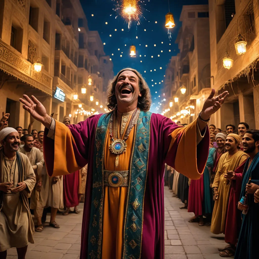 a man in a robe and a crown is standing in a crowd with his arms outstretched and his hands out, arabesque, egyptian art, Altoon Sultan, orientalism