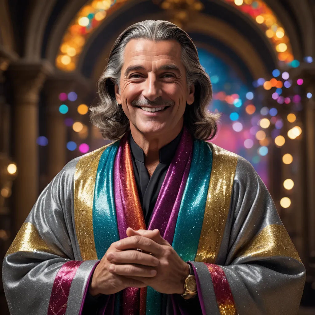 a man with a colorful scarf around his neck and a smile on his face and hands, standing in front of a lit archway, kitsch movement, a hologram, Cliff Childs, promotional image