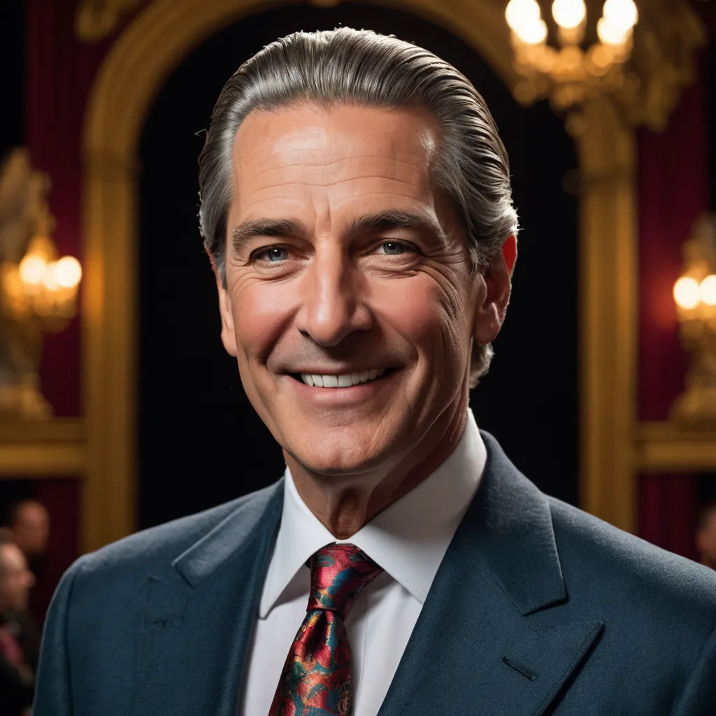 a man in a suit and tie smiling for a picture in a room with chandeliers and lights, new objectivity, a character portrait, Brian Thomas, david lazar