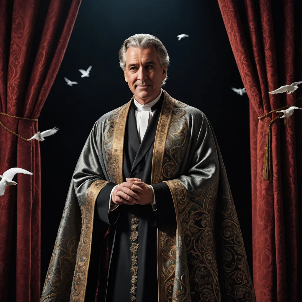 a man in a priest outfit standing in front of a curtain with birds flying around him and a bird flying overhead, renaissance, a poster, David Annand, promotional image
