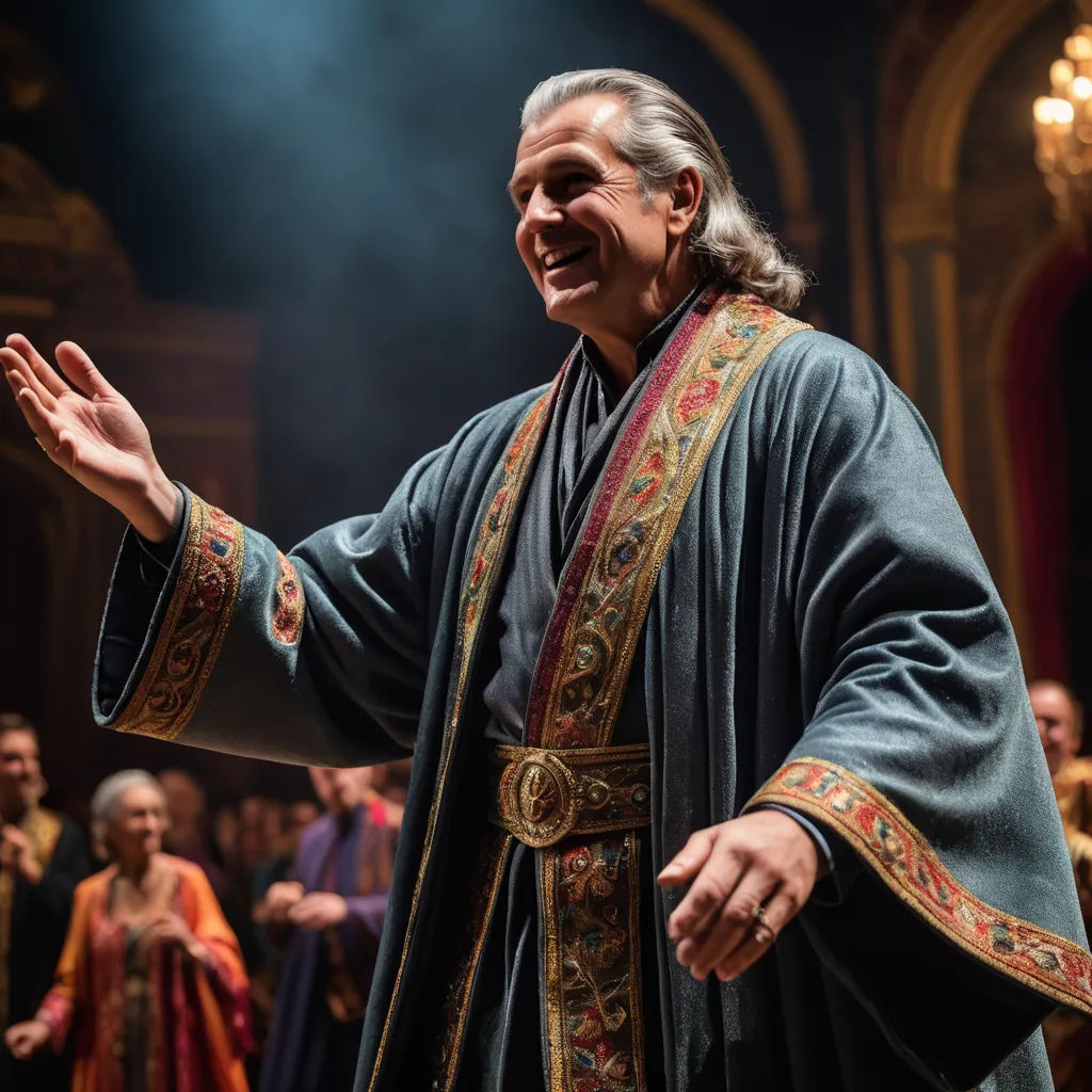 a man in a costume standing in front of a crowd of people on stage with his hands out and his arms out, renaissance, a flemish Baroque, David Annand, rembrandt lighting