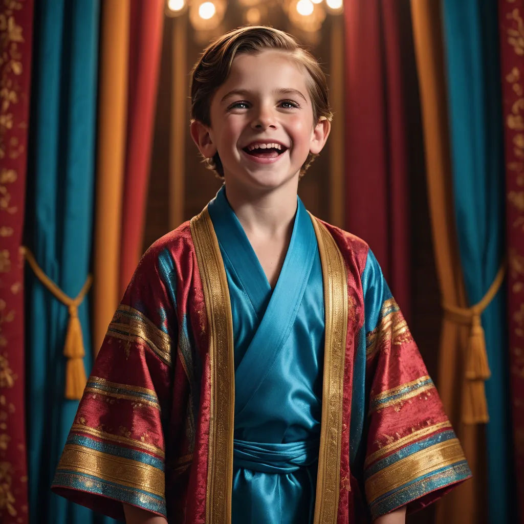 a young boy in a blue robe smiles for the camera in front of a red curtain and a red curtained room, american barbizon school, a character portrait, Evan Charlton, j. c. leyendecker 8 k