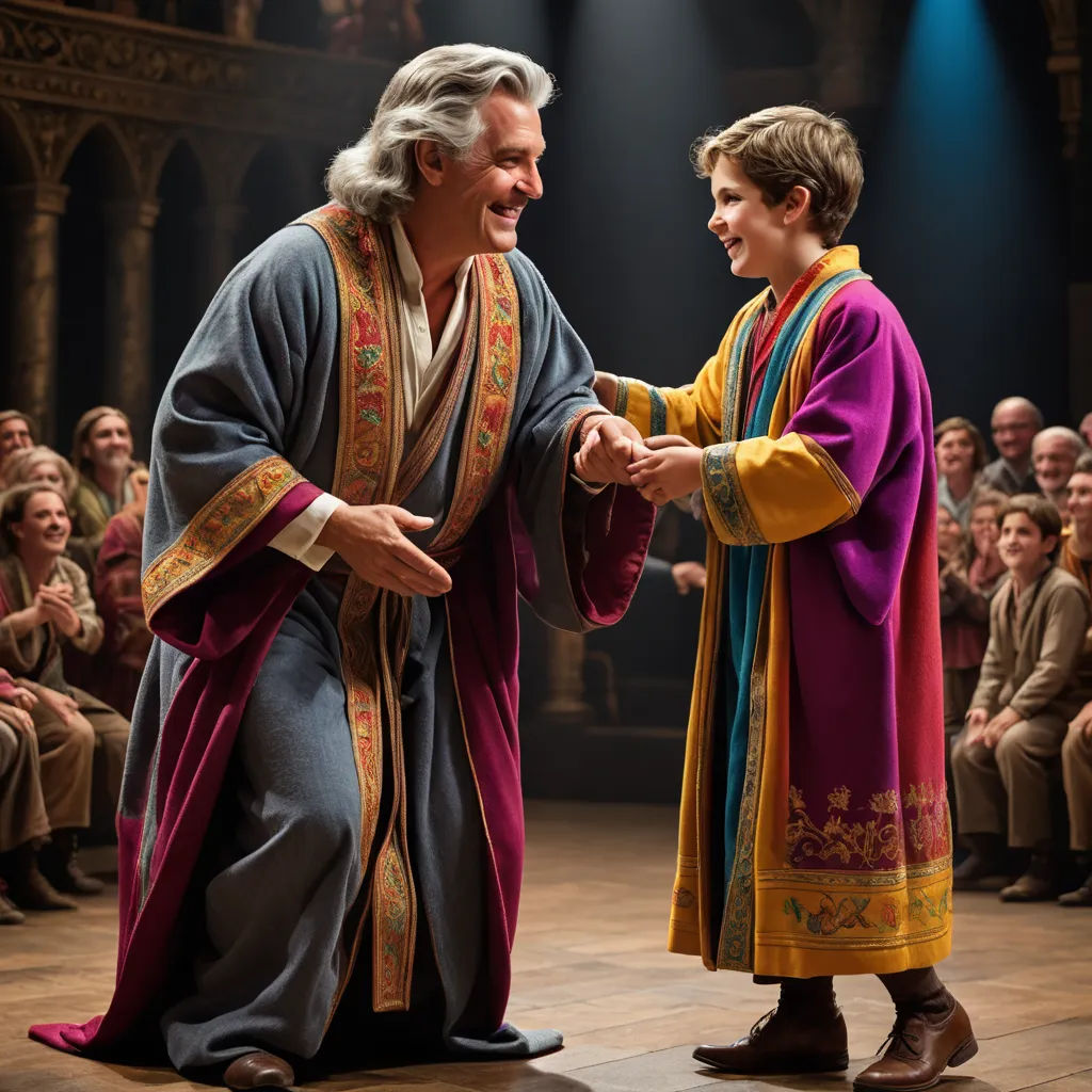 a man and a boy shaking hands in front of a crowd of people in a theater setting with a stage lighting, renaissance, a flemish Baroque, Edward George Handel Lucas, promotional image