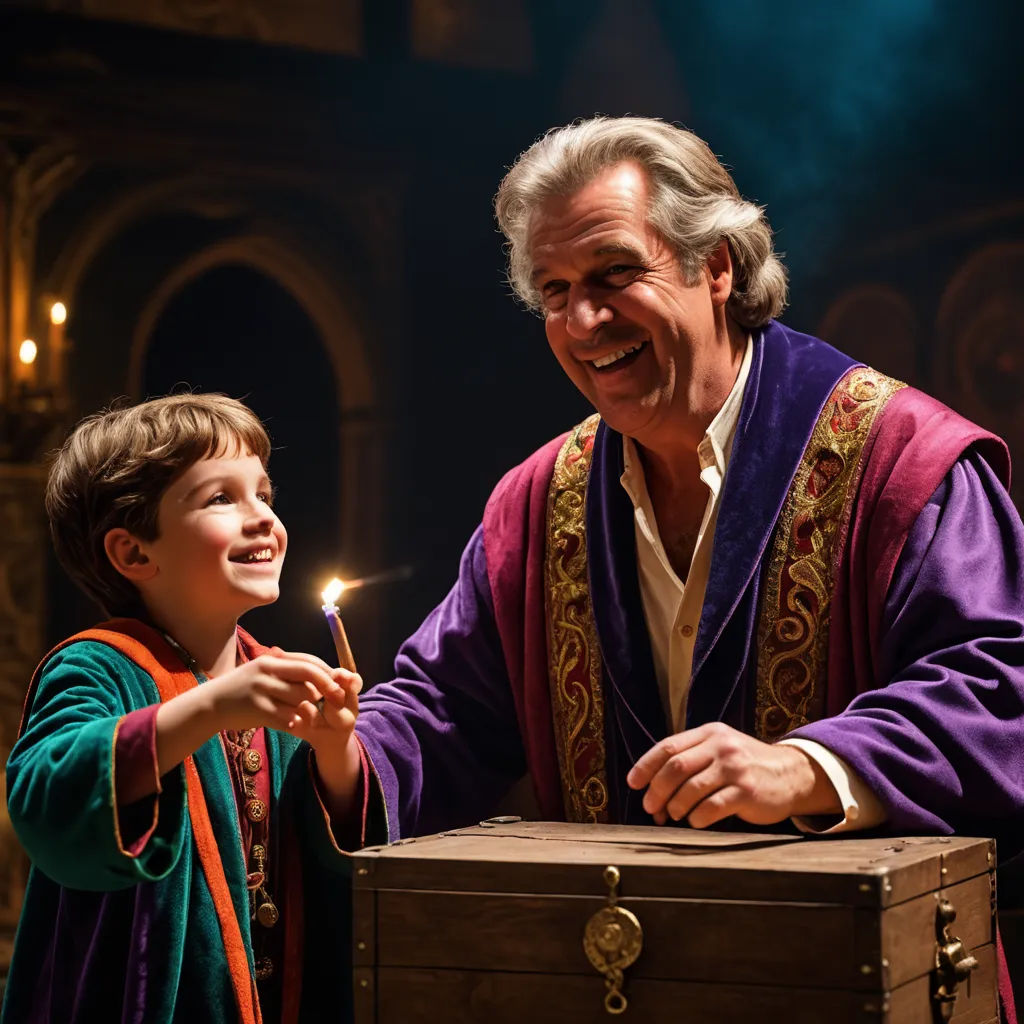 a man and a boy are standing next to a chest of drawers with a lit candle in it and a man in a purple robe is holding a lit candle, renaissance, a flemish Baroque, David Annand, rembrandt lighting