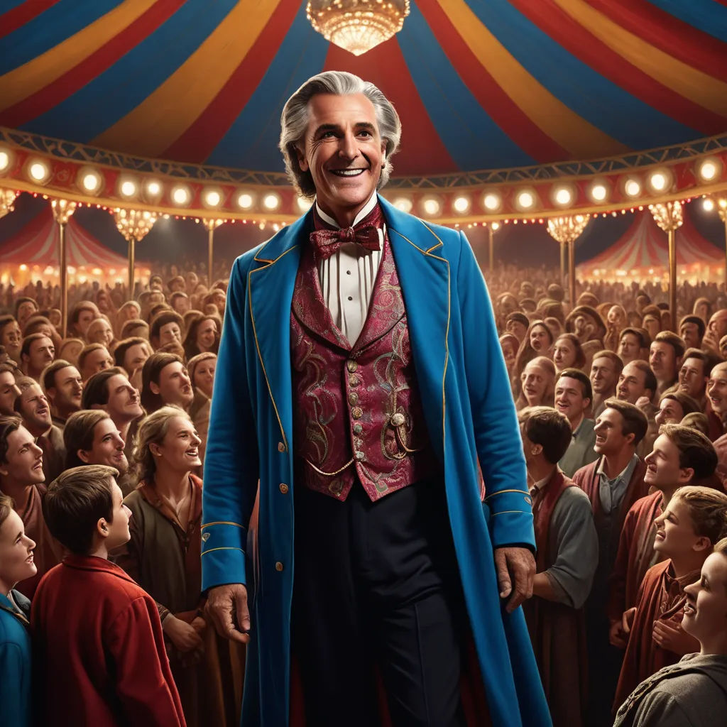 a man in a circus outfit standing in front of a crowd of people in a circus tent with a circus tent, fantastic realism, a poster, Bob Byerley, promotional image