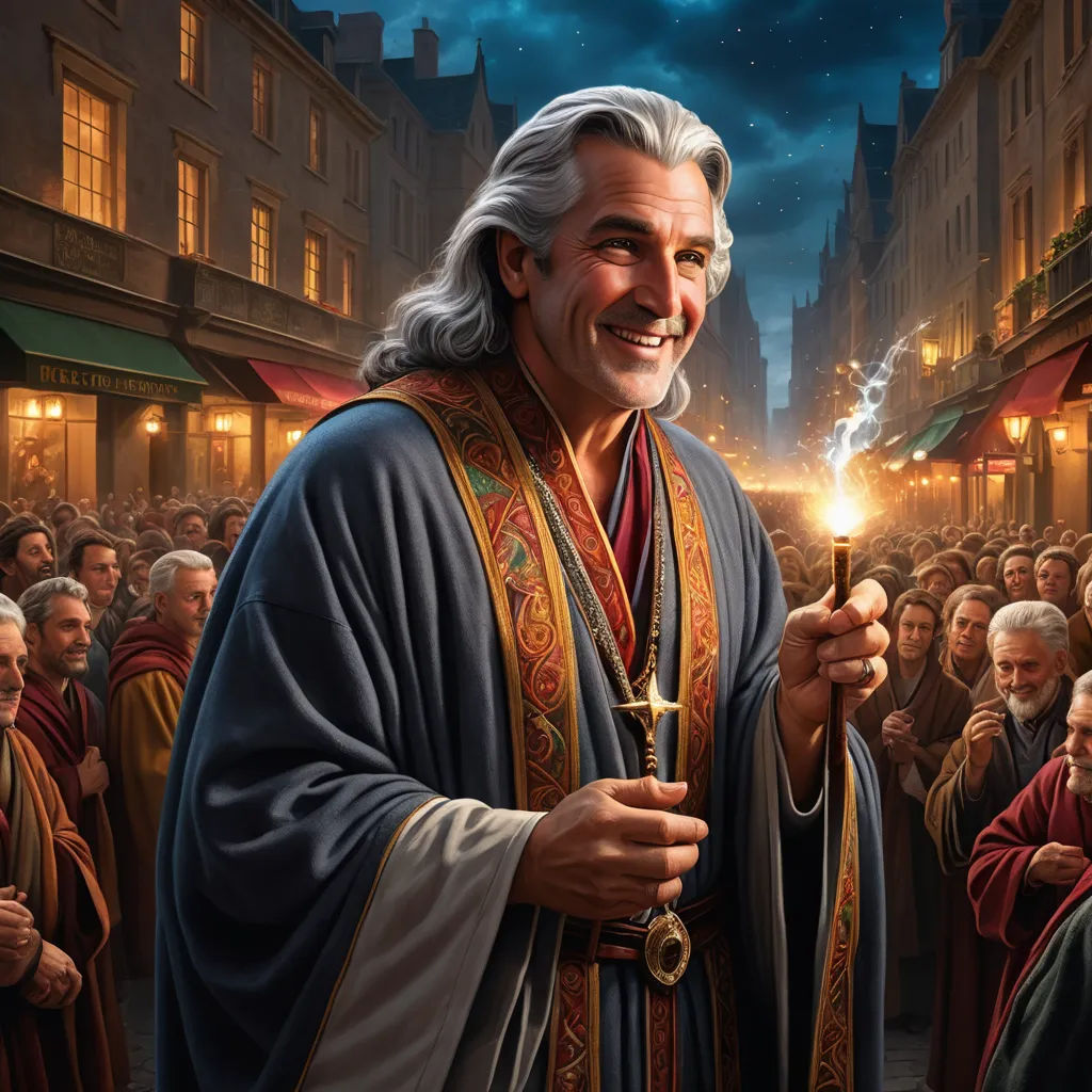 a painting of a man holding a candle in a crowd of people in a city at night with a sky background, fantasy art, a storybook illustration, Donato Giancola, official art