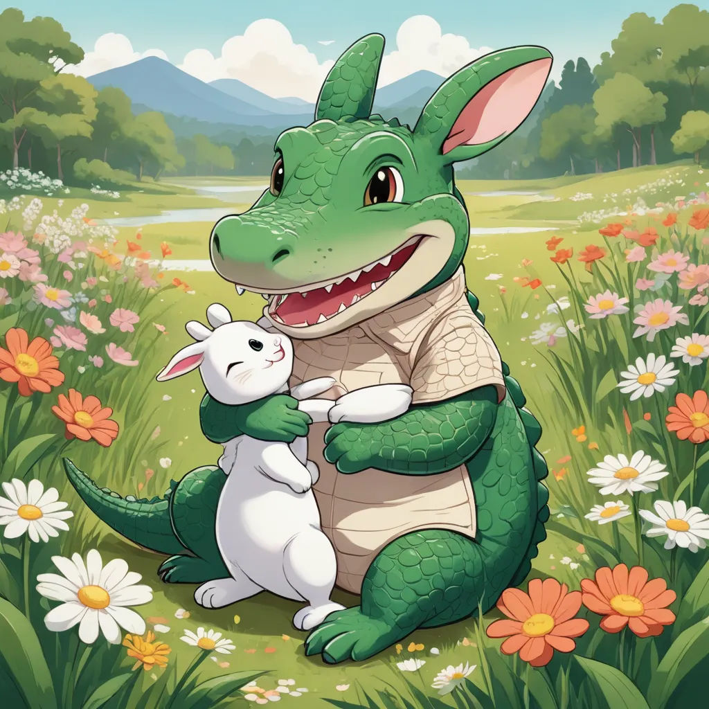 a cartoon dinosaur holding a small white rabbit in a field of flowers and daisies with mountains in the background, sots art, a storybook illustration, Adam Rex, storybook illustration