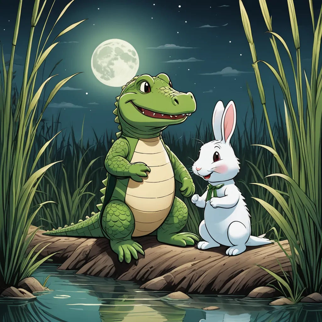 a crocodile and a rabbit are sitting on a rock by the river at night illustration of a crocodile and a rabbit are sitting on a rock by the river at night, magical realism, a storybook illustration, Beatrix Potter, storybook illustration