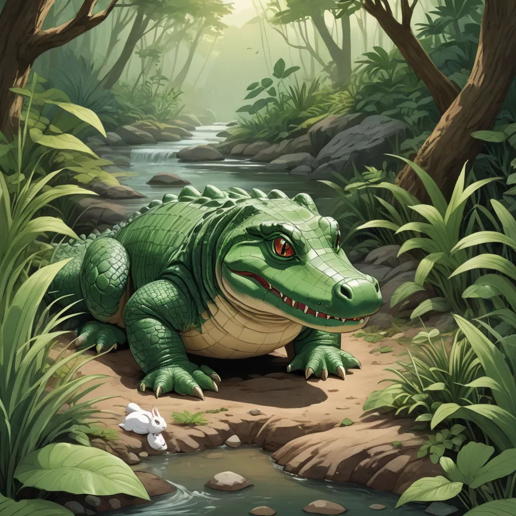 a green alligator sitting on a rock in a forest with a stream of water and trees in the background, fantasy art, a storybook illustration, Chris LaBrooy, storybook illustration