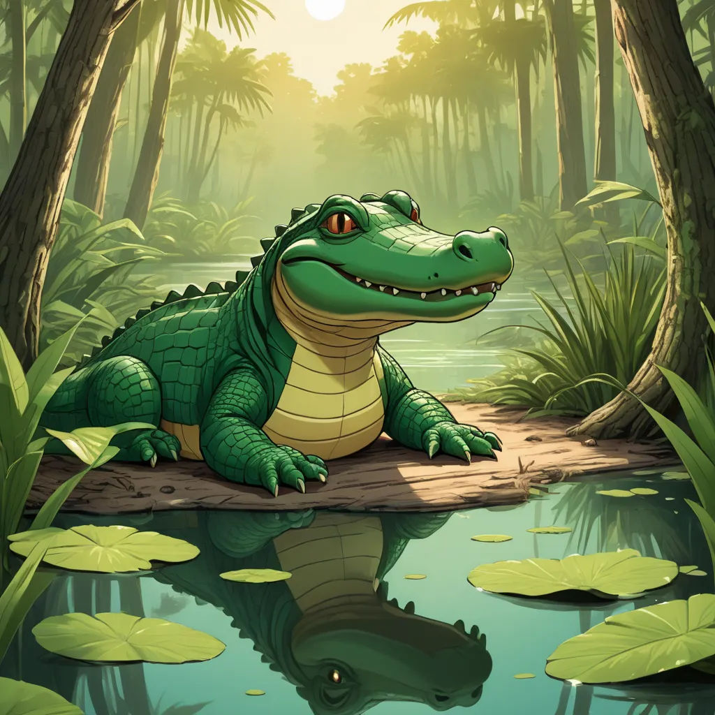 a crocodile sitting on a log in a swampy area with lily pads and a sun in the background, sots art, a storybook illustration, Chris LaBrooy, storybook illustration