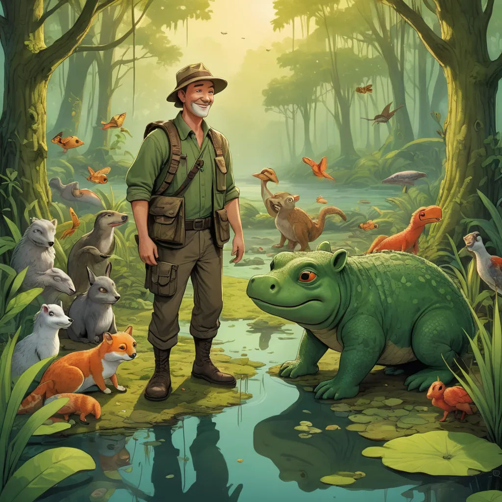 a man standing in a forest with a frog and other animals around him and a pond of water with a frog in the foreground, naturalism, a storybook illustration, Chris LaBrooy, official art