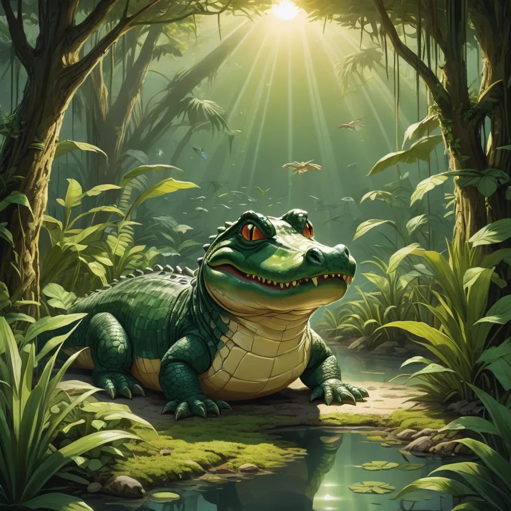 a large alligator sitting in the middle of a forest with a bright light coming from behind it's head, fantasy art, a storybook illustration, Chris LaBrooy, magic the gathering artwork