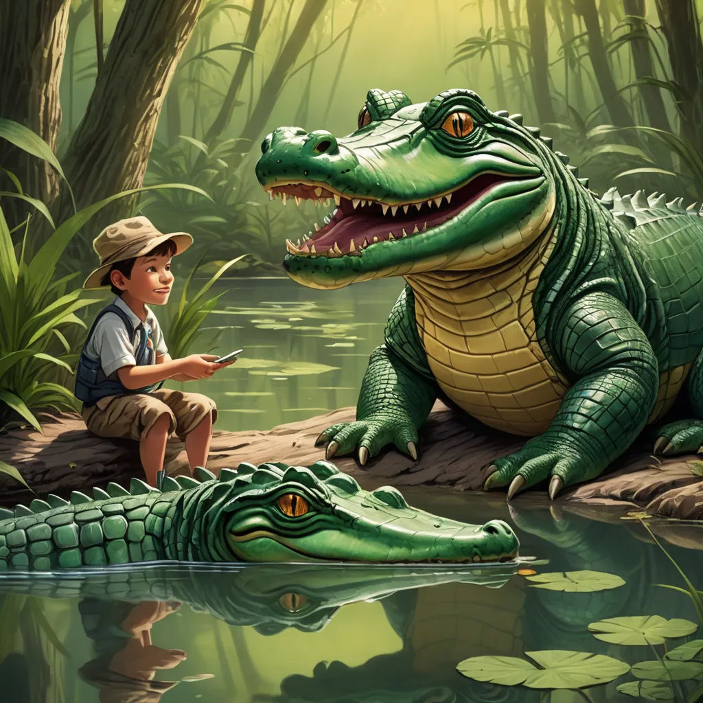 a boy sitting on a rock next to a crocodile in a swampy area with a pond and trees, fantasy art, a storybook illustration, Diego Gisbert Llorens, storybook illustration