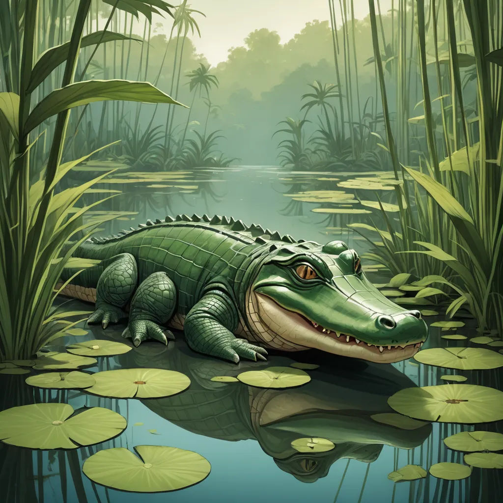 a large alligator is sitting in the water with lily pads around it's neck and head, with a pond in the background, fantasy art, an illustration of, Chris LaBrooy, highly detailed digital painting