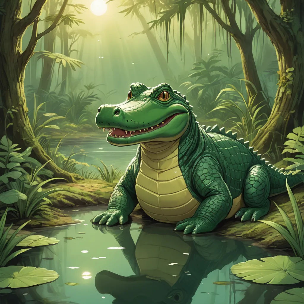 a green alligator sitting in a swampy area with lily pads and trees around it, with the sun shining through the trees, sots art, a storybook illustration, Chris LaBrooy, magic the gathering artwork