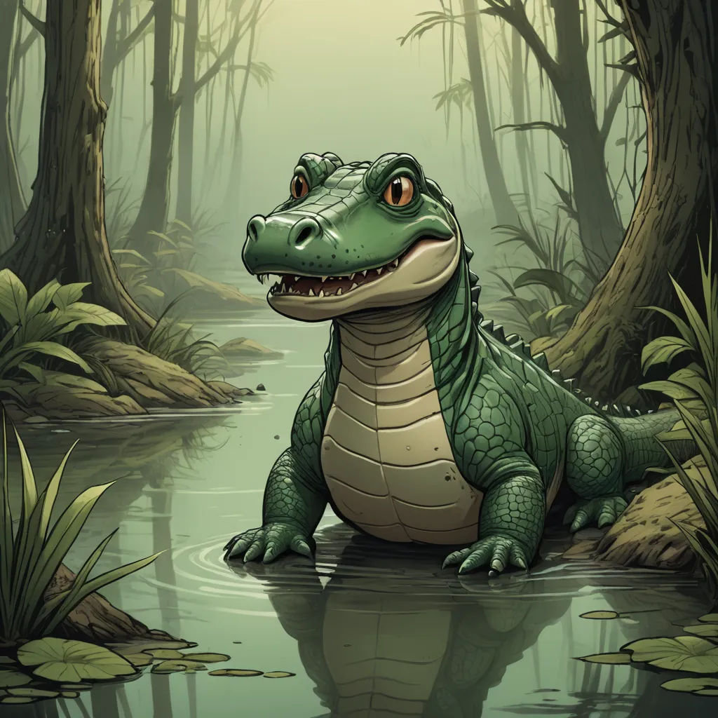 a green alligator sitting in a swampy area with trees and water in the background and a foggy sky, fantasy art, a storybook illustration, Chris LaBrooy, storybook illustration