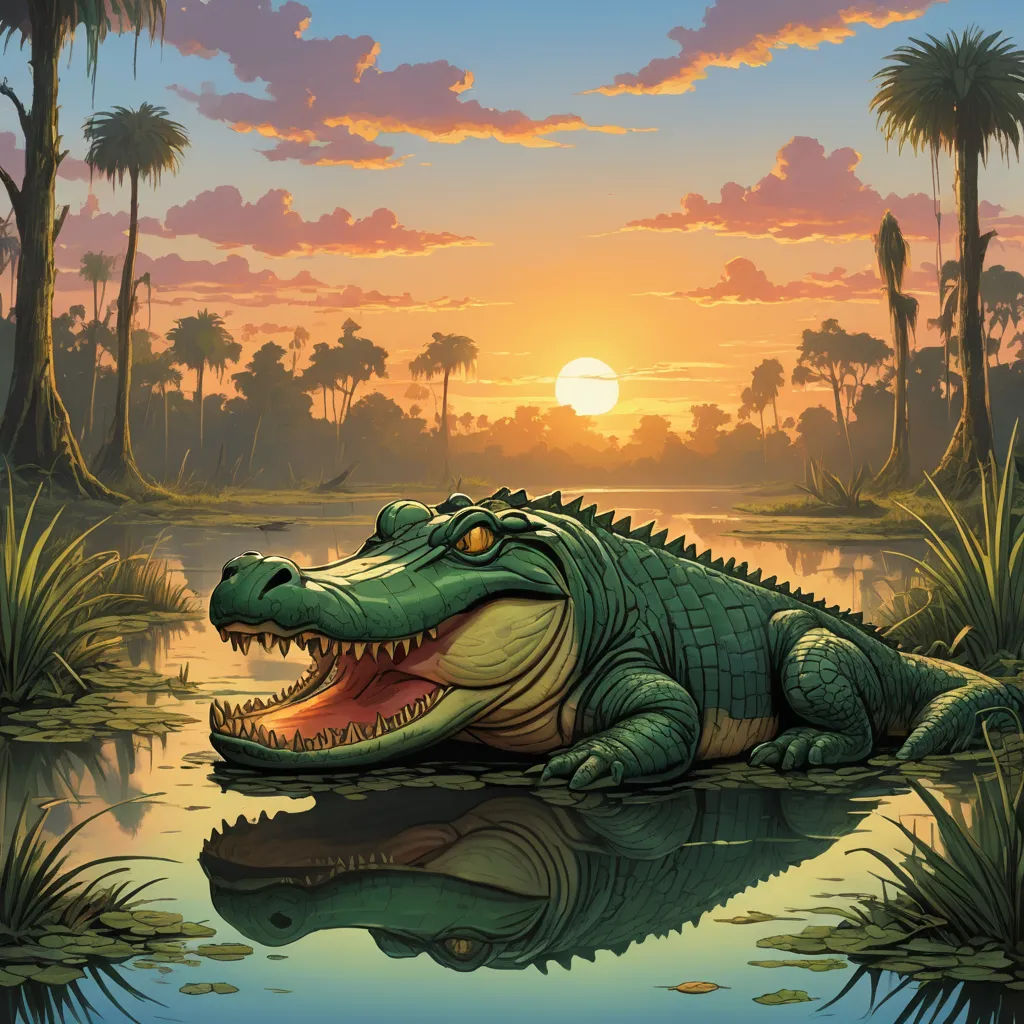 a large alligator is sitting in the water at sunset with palm trees in the background and a setting sun, fantasy art, a storybook illustration, Chris LaBrooy, highly detailed digital painting