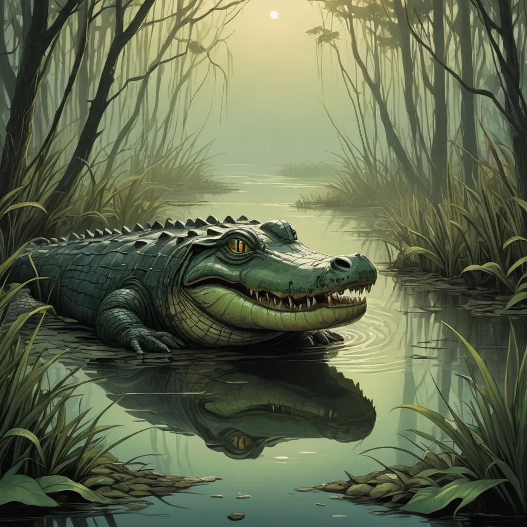 a large alligator is floating in a swampy pond with trees and grass around it, with the sun shining through the trees, fantasy art, a storybook illustration, Chris LaBrooy, highly detailed digital painting
