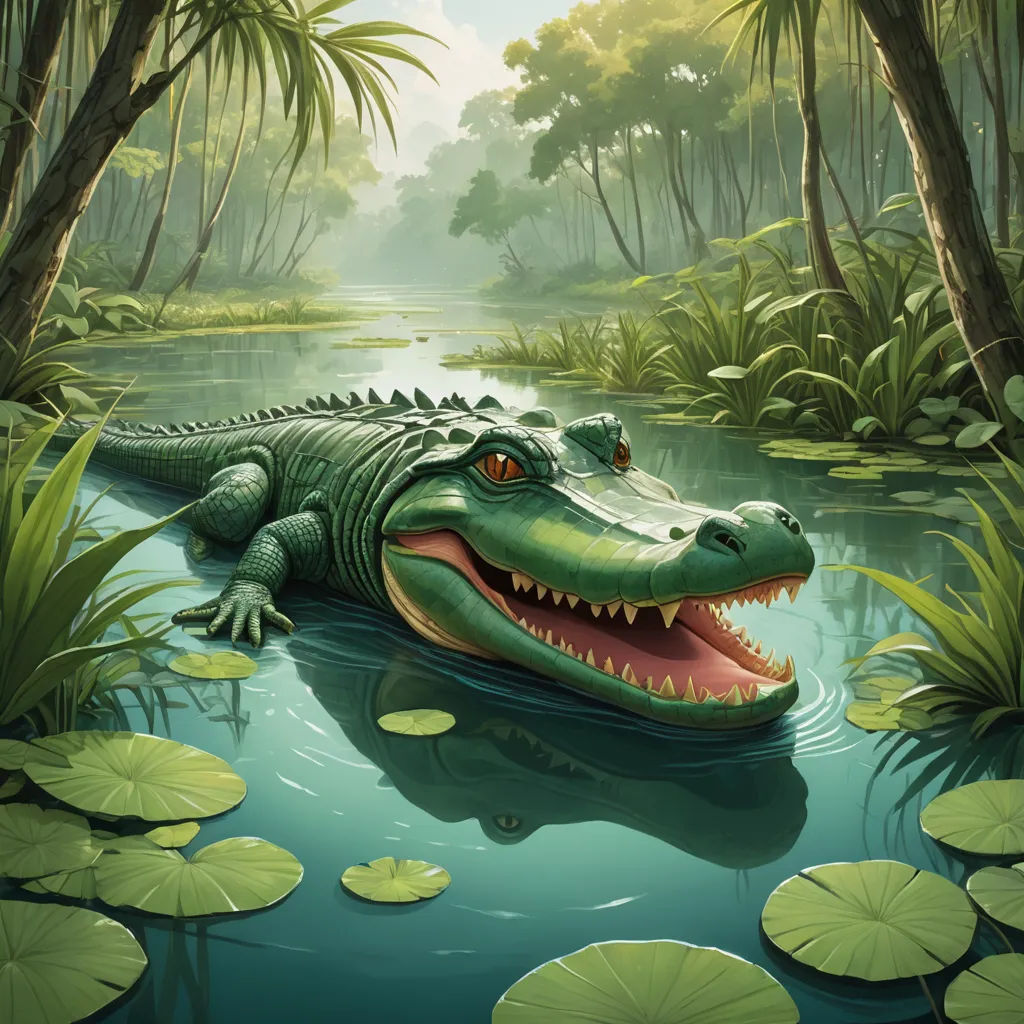a large alligator is floating in a pond with lily pads and trees around it, with a green background, fantasy art, a storybook illustration, Chris LaBrooy, highly detailed digital painting