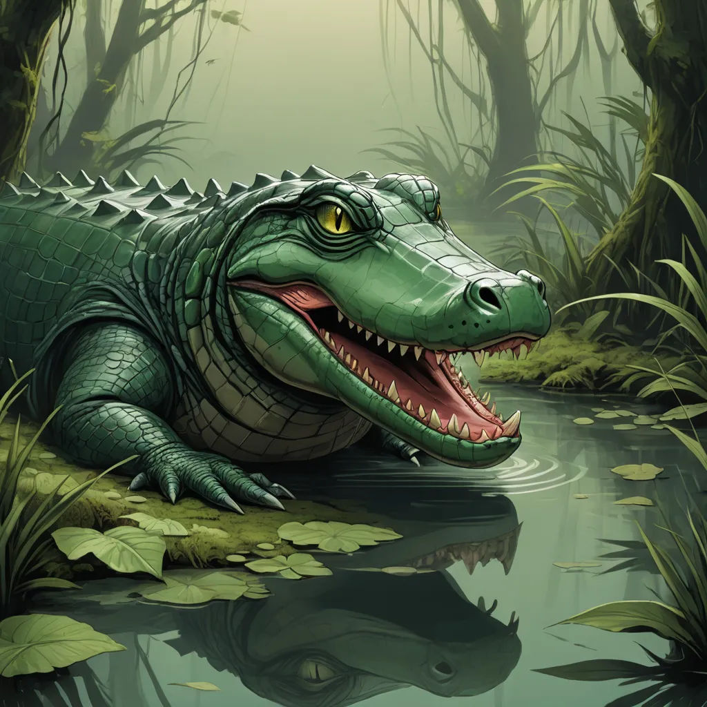 a green alligator is sitting in the water with its mouth open and it's teeth wide open, with its mouth wide open, fantasy art, a storybook illustration, Chris LaBrooy, highly detailed digital painting