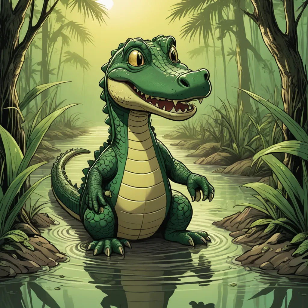 a cartoon alligator sitting in a swampy area with a sun in the background and trees and bushes around, fantasy art, a storybook illustration, Chris LaBrooy, storybook illustration