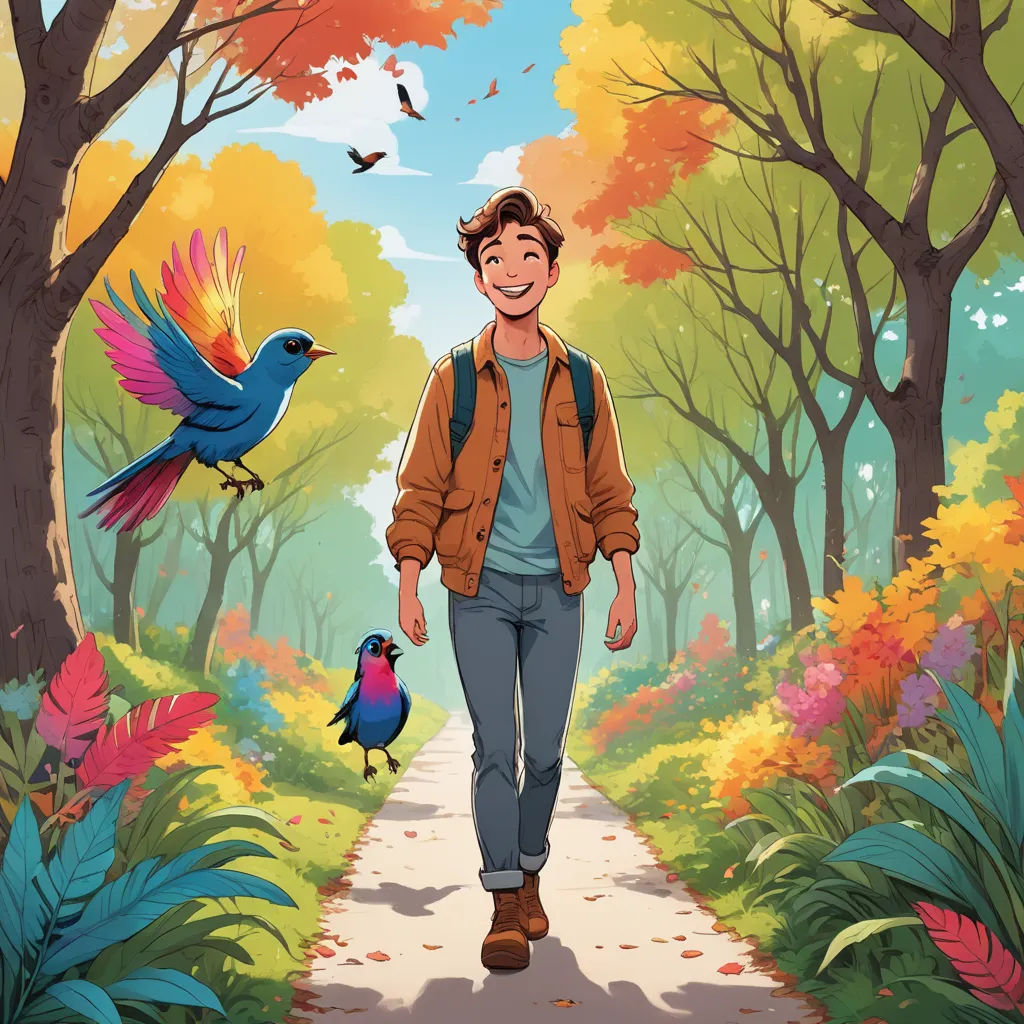 a man walking down a path with a bird flying above him and a bird flying above him on the other side of the path, environmental art, a storybook illustration, Adam Rex, rossdraws global illumination