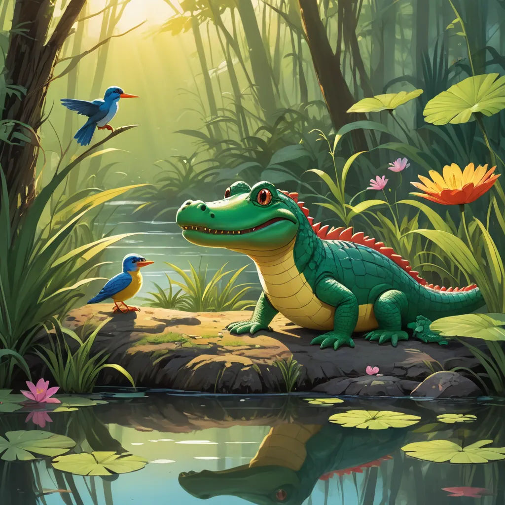 a green alligator and a bird are in the water near a pond with lily pads and a tree with a bird on it, american scene painting, a storybook illustration, Chris LaBrooy, storybook illustration