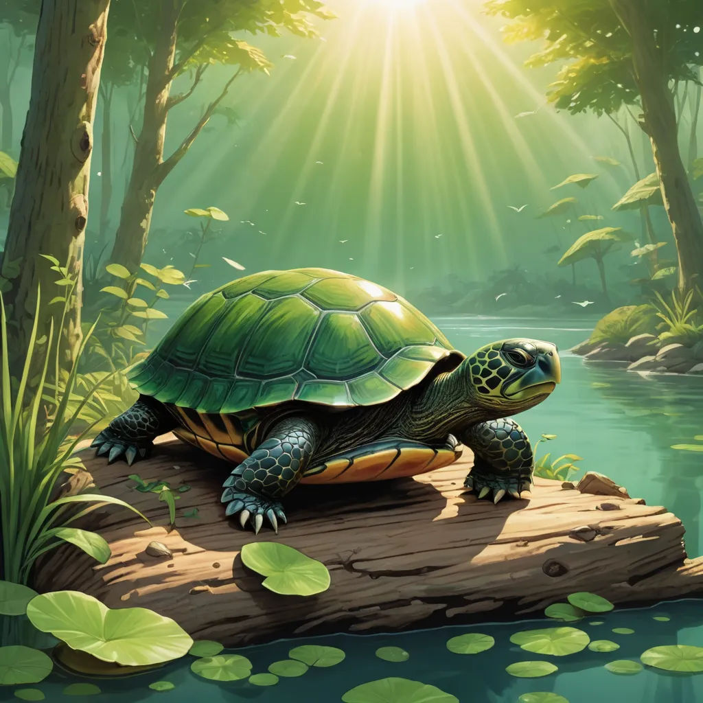 a turtle is sitting on a log in the water and is looking at the sun shining through the trees, fantasy art, a digital painting, Chris LaBrooy, magic the gathering artwork