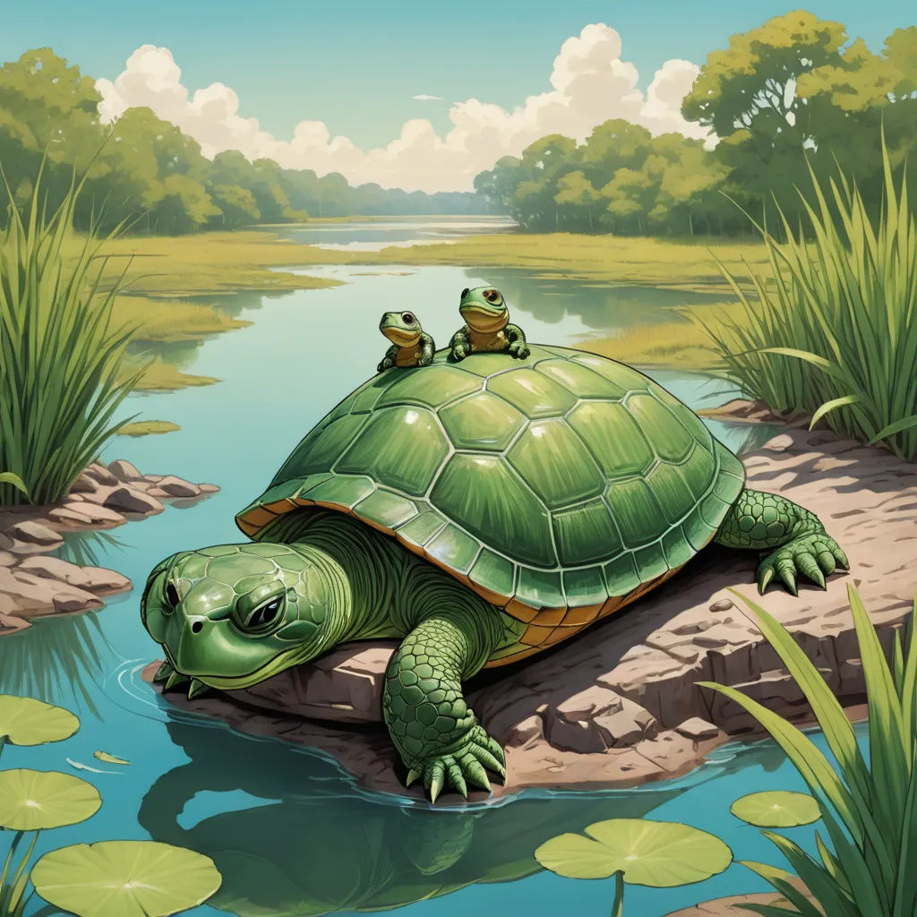 a painting of two turtles sitting on a rock in a pond of water with lily pads and a sky background, fantasy art, a storybook illustration, Chris LaBrooy, storybook illustration