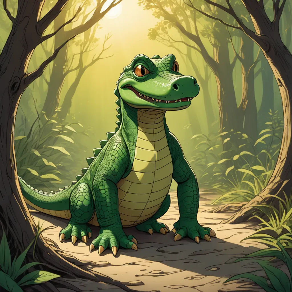 a green alligator sitting in a forest with trees and sunlight shining through the trees behind it, with a path leading to the ground, sots art, a storybook illustration, Chris LaBrooy, storybook illustration