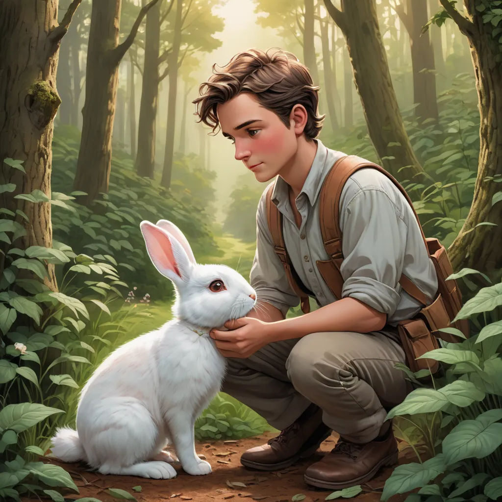 a boy kneeling down next to a white rabbit in a forest with trees and bushes behind him and a forest scene behind him, magical realism, a storybook illustration, Aaron Jasinski, official art