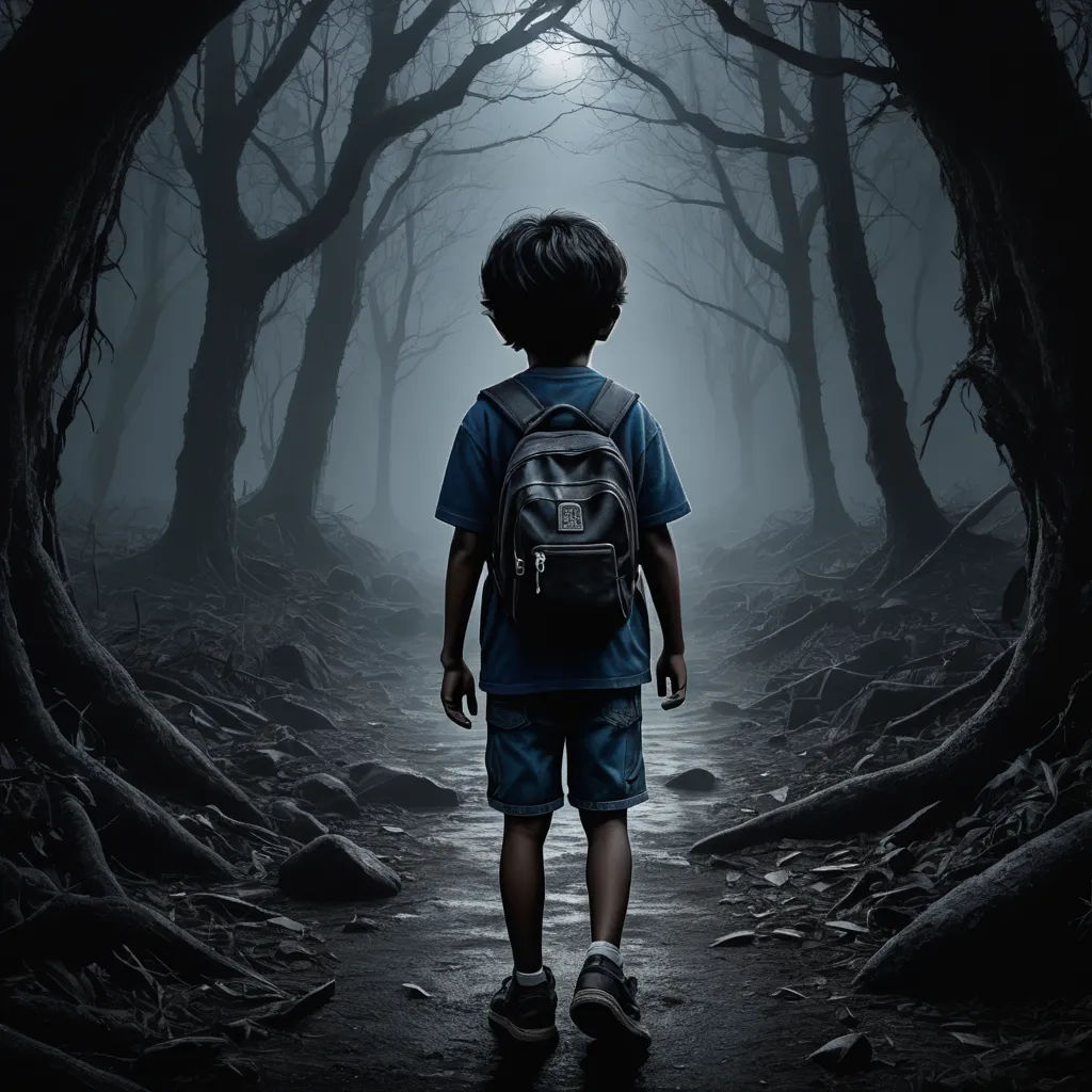 a boy with a backpack walking through a dark forest at night with a full moon in the background and a trail in the middle, magical realism, poster art, Daniel Lieske, promotional image