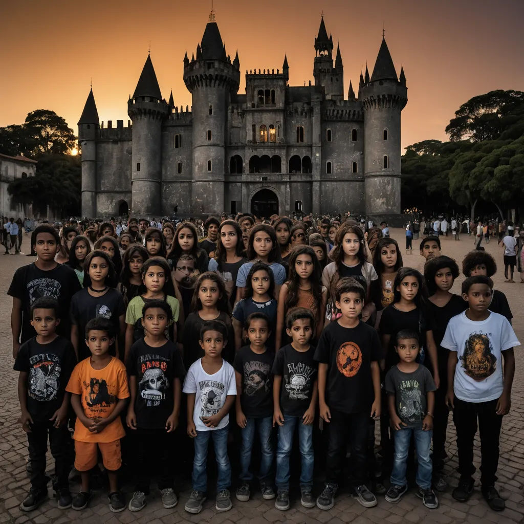 a group of children standing in front of a castle at sunset or dawn with a castle in the background, neoism, an album cover, Chris LaBrooy, album cover