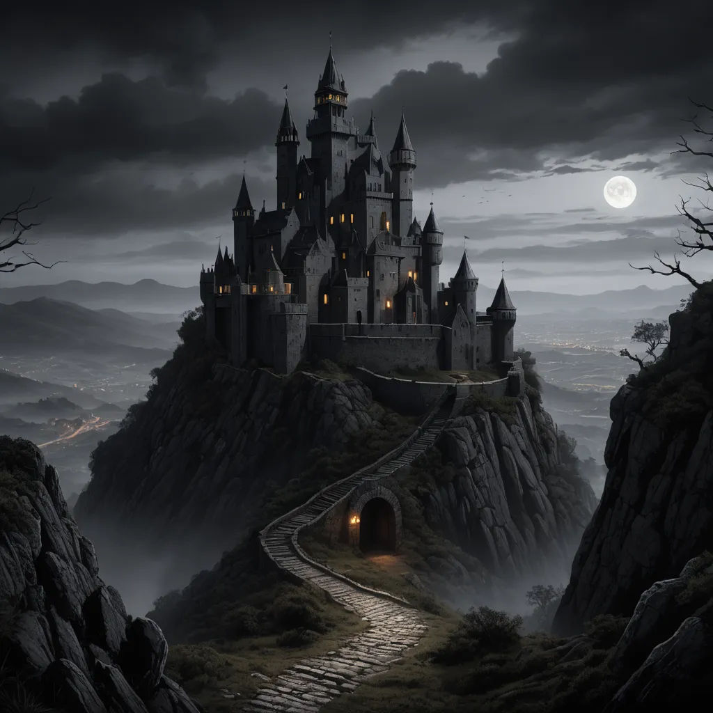 a castle with a pathway going up to it on a hill at night with a full moon in the sky, gothic art, a detailed matte painting, Andreas Rocha, matte fantasy painting