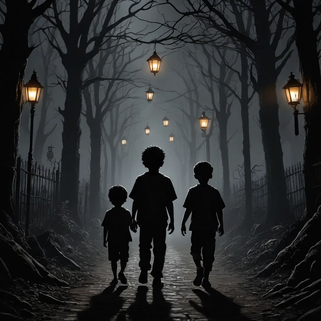 a couple of kids walking down a street next to a light pole with a lantern on it's head, gothic art, a storybook illustration, Dirk Crabeth, dark shadows
