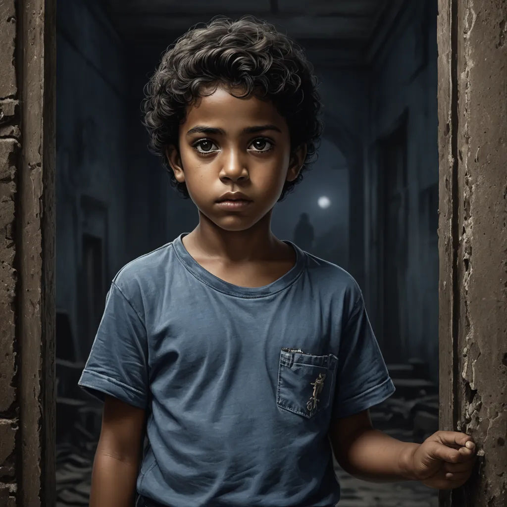 a young boy standing in a doorway with a creepy look on his face and hands, in a dark room, photorealism, a photorealistic painting, Daniel Lieske, highly detailed digital painting