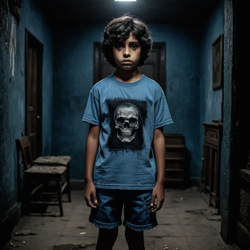 a young boy standing in a dark hallway with a skull on his shirt on his chest and a light on his head, vanitas, poster art, Daryush Shokof, promotional image