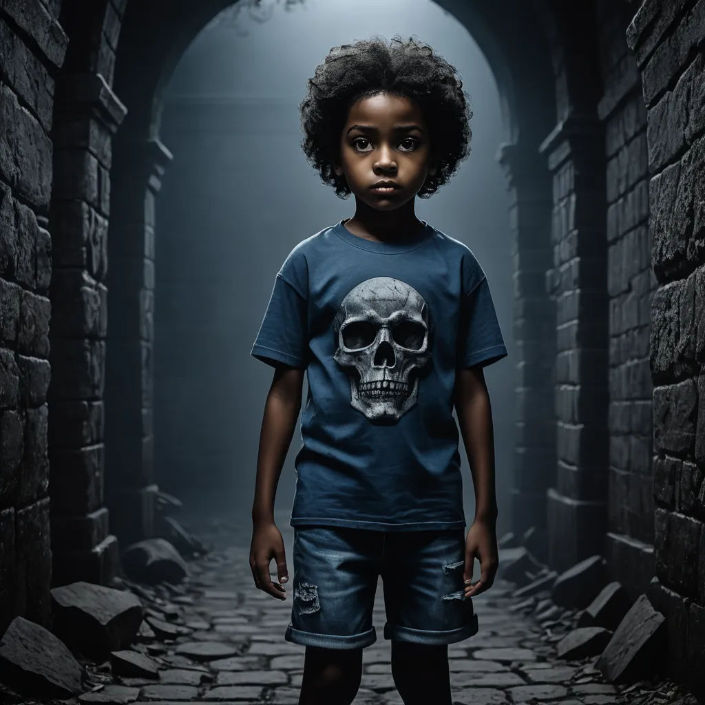 a young boy standing in a tunnel with a skull on his shirt and shorts on his feet, in front of a dark background, photorealism, a character portrait, Dirk Crabeth, studio photography