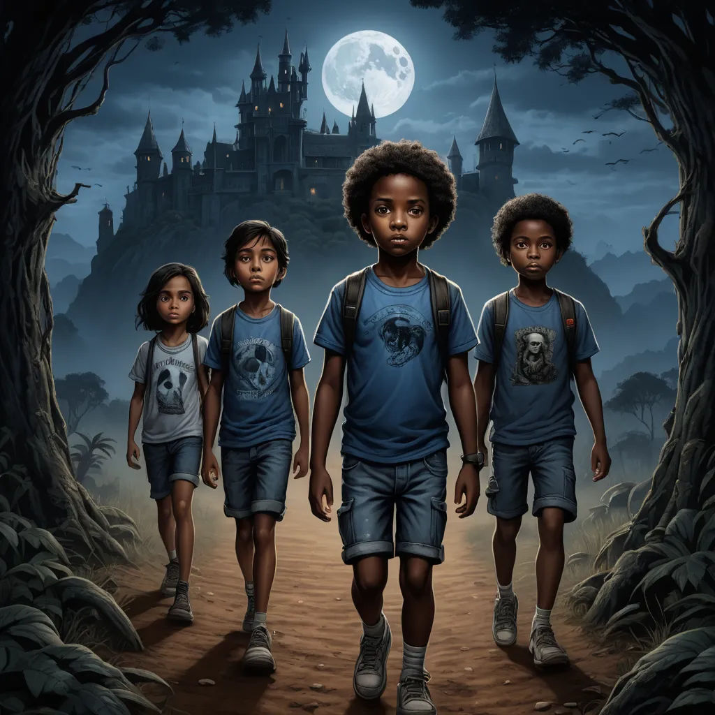 a group of children walking through a forest under a full moon sky with a castle in the background and a full moon in the sky, sots art, an album cover, Dan Mumford, key art