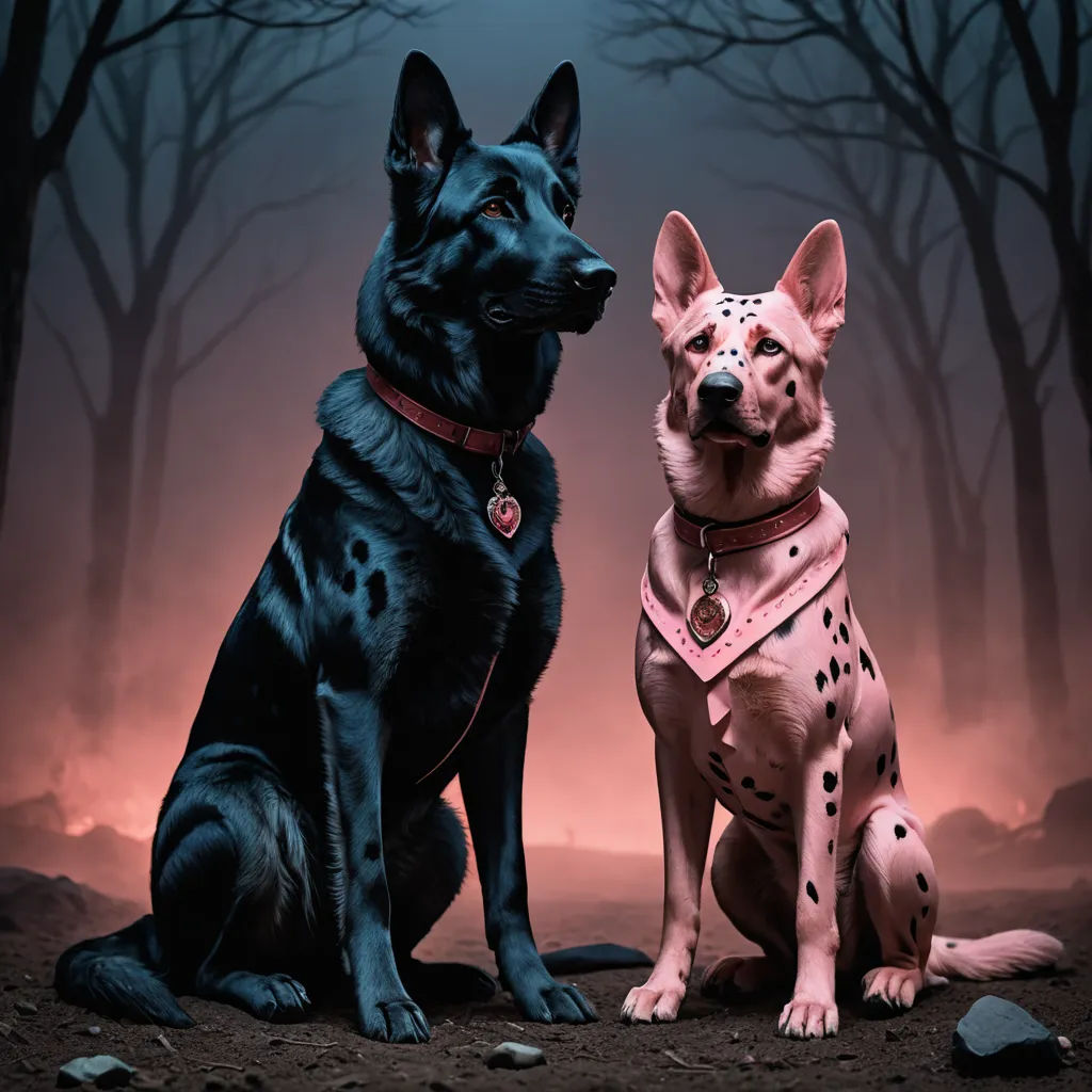 two dogs sitting next to each other in a forest at night with a full moon in the background and a full moon in the sky, international gothic, an album cover, Filip Hodas, promotional image
