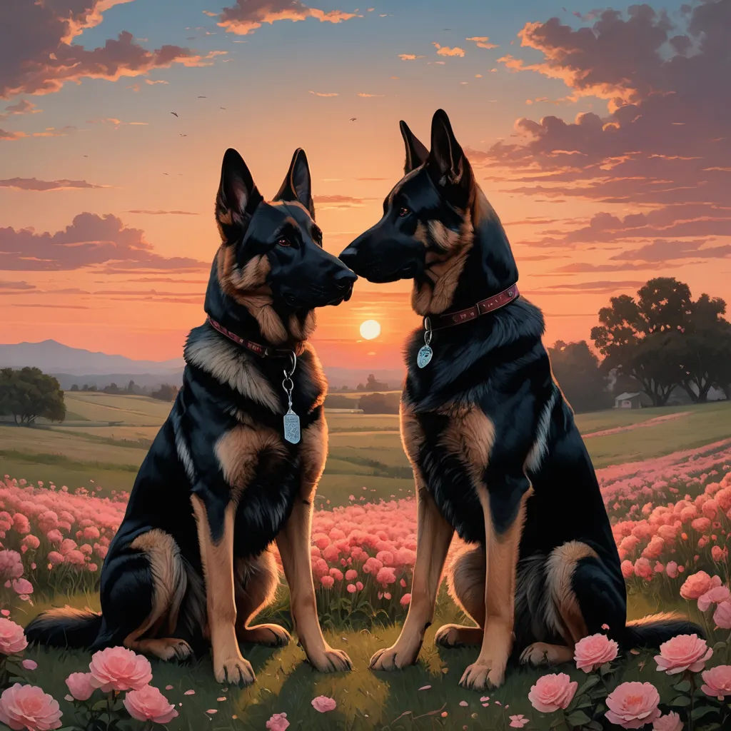 two dogs sitting in a field of flowers with the sun setting behind them and a pink sky with clouds, furry art, a fine art painting, Brothers Hildebrandt, highly detailed digital painting