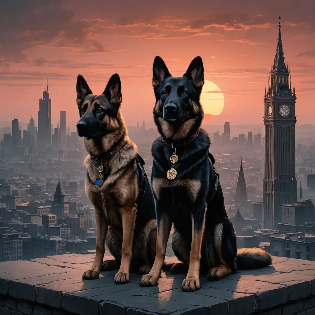 two dogs sitting on a ledge in front of a city skyline at sunset with a clock tower in the background, photorealism, a detailed matte painting, Evgeny Lushpin, cinematic photography
