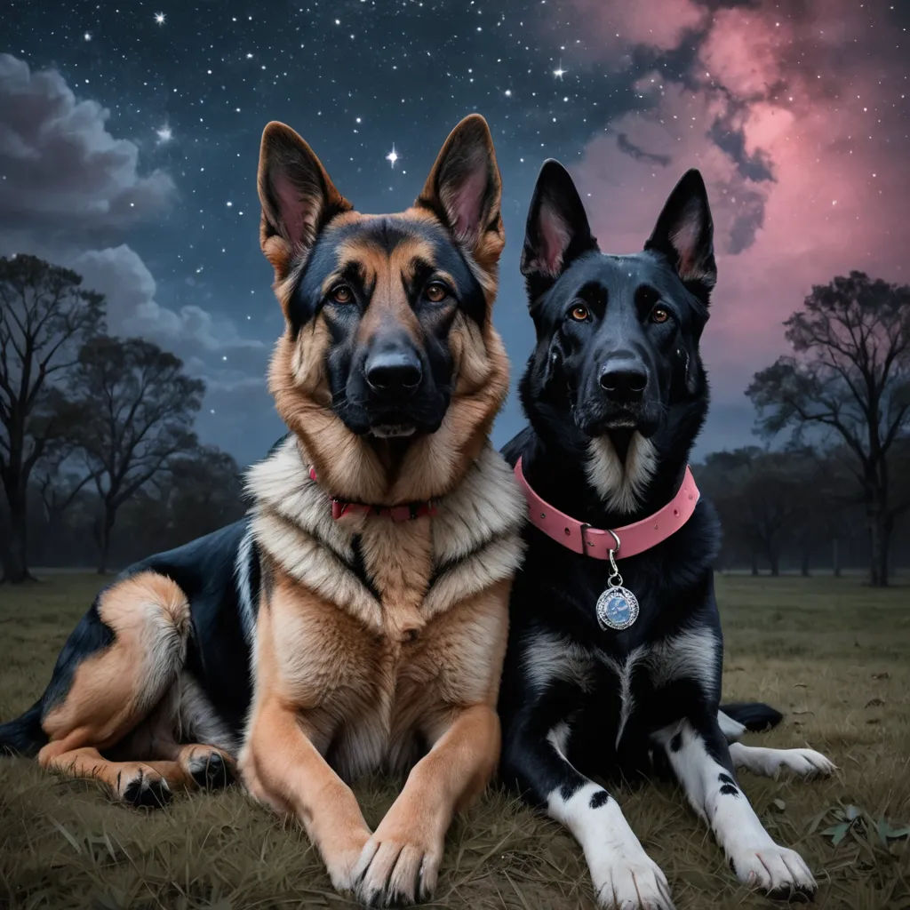 two dogs are sitting in the grass under a night sky with stars and the moon in the sky above them, space art, an album cover, Elke Vogelsang, symmetrical eyes