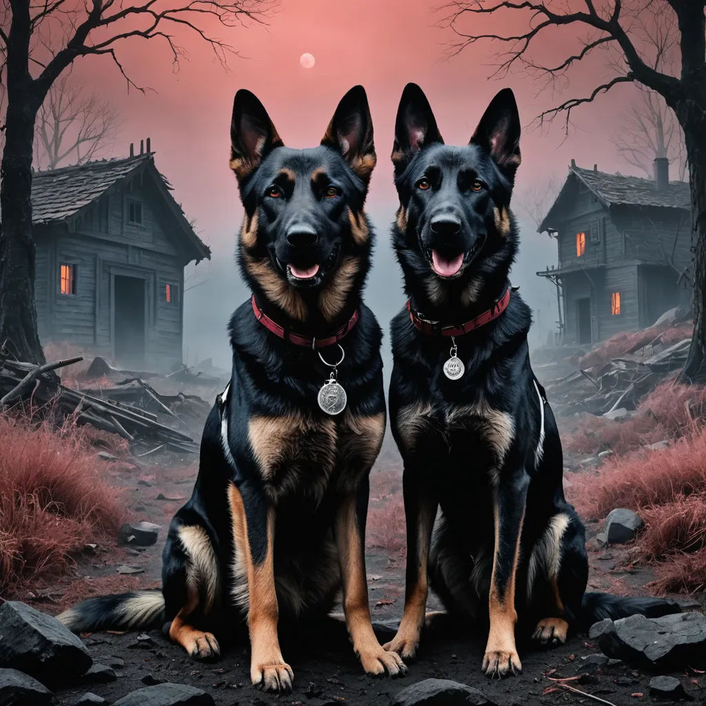 two dogs sitting on a rocky ground in front of a house with a full moon in the background and a full moon in the sky, international gothic, an album cover, Elke Vogelsang, key art